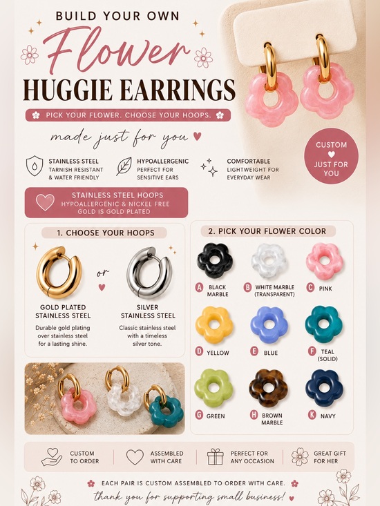 unbranded Jewelry - Custom Flower Huggie Earrings in Silver or Gold Plated Stainless Steel